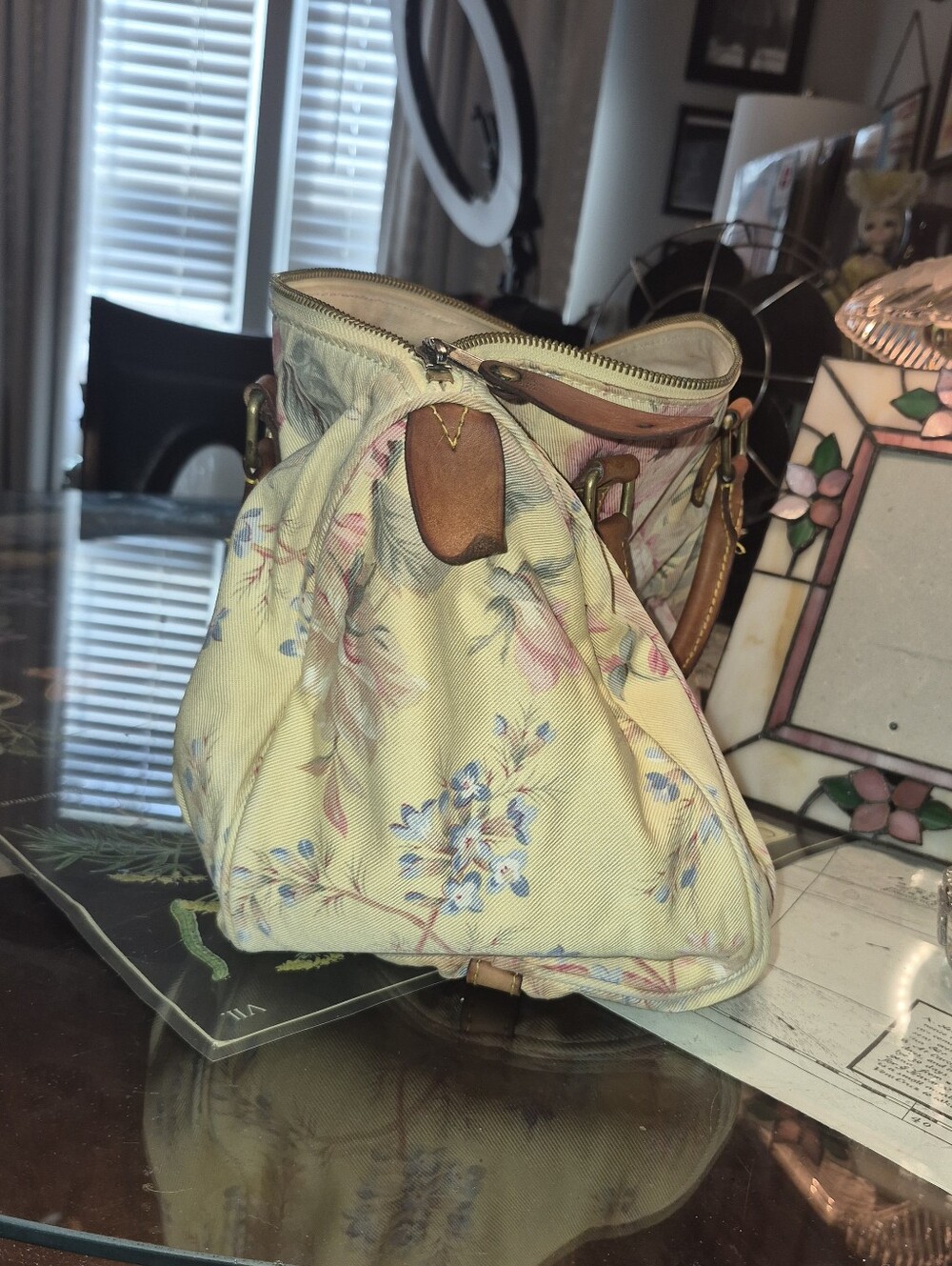 VINTAGE Ralph Lauren Pink Floral Canvas Tote with Brown Leather Handles - Picture 13 of 15